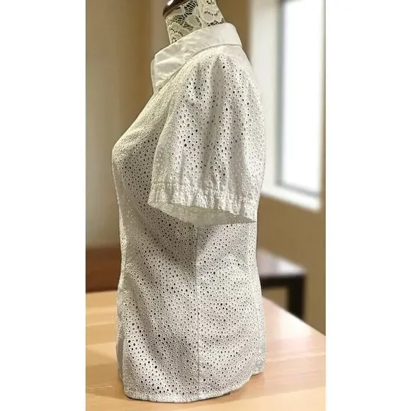 Escada white eyelet short-sleeved shirt rhinestone-embellished buttons size 38 - Picture 3 of 11